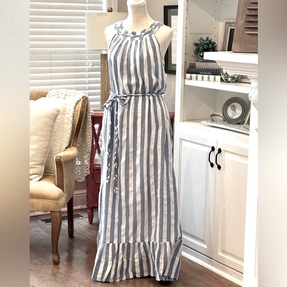 Eva Mendes La Shawn Blue/Metallic White Striped Maxi Dress Women XL 16-18 EUC - Picture 1 of 14